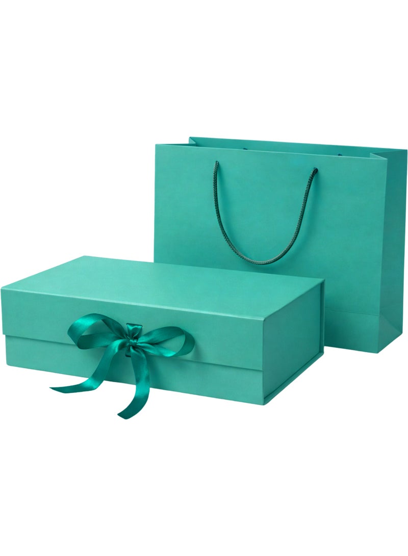 هاي فاي صندوق هدايا فاخر باللون الأزرق (تيل) مع حقيبة هدايا - مقاس ٣٢×٢٠×١٠ سم. علبة هدايا كبيرة مغلفة، إغلاق مغناطيسي مع شريط وغطاء قابل للطي. مثالية لتغليف هدايا حفلات الزفاف وأعياد الميلاد. - Image 1